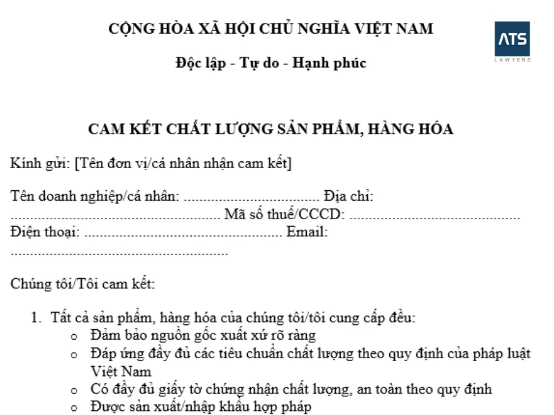 bản cam kết chất lượng sản phẩm