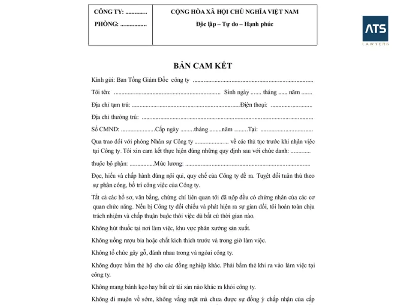 bản cam kết không tái phạm nội quy công ty
