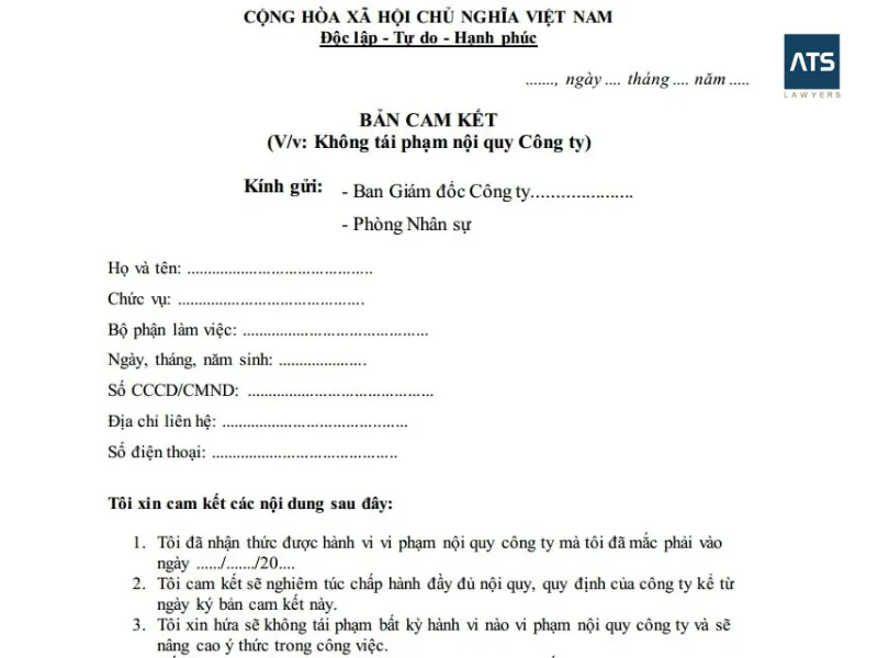 bản cam kết không tái phạm nội quy công ty