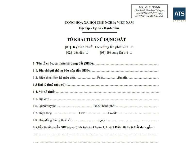 tờ khai tiền sử dụng đất